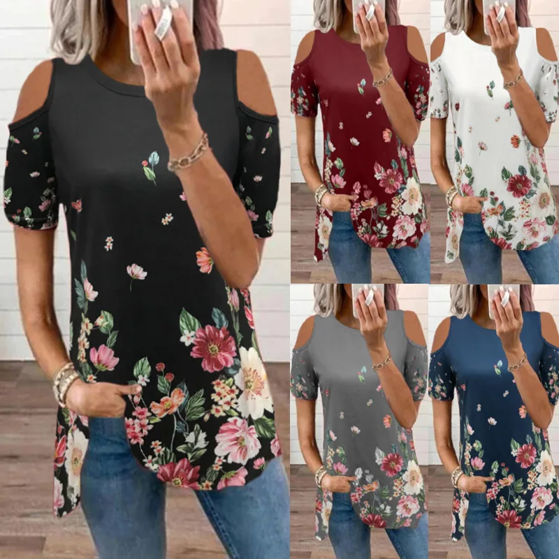 

2022 Summer Fashion Tee Shirt Women's Top Casual Round Neck Blouse Off Shoulder Pullover Floral Print Short Sleeve Loose T-Shirt