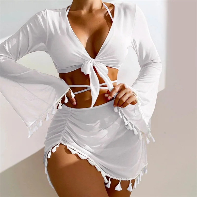 

Соблазнительные бикини с лямкой на шее из 4 предметов, Женский однотонный купальник, женский купальник с длинным рукавом и юбкой, купальный костюм, пляжная одежда на лето