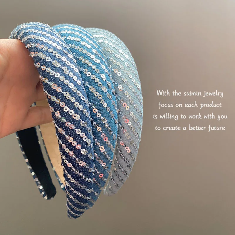 

2022 New Cowboy Sequin Bezel Hair Bands for Women Korean Style Shiny Headband Sweet Candy Sponge Hair Hoop Girl Hair Accessories