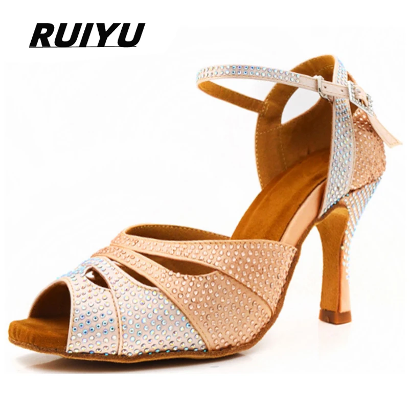 

Summer Latin Dance Shoes Women's Salsa Tango Ballroom Party Heel Sandals Apricot Black Blue Satin Rhinestones Jazz Dance Shoes