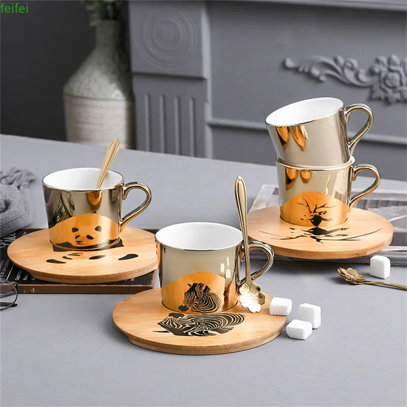 

Mirror Coffee Cup Specular Reflection Ceramic Mug With Saucers European Cartoon Scoop Tiger Zebra Pattern Tea Set Coffeeware