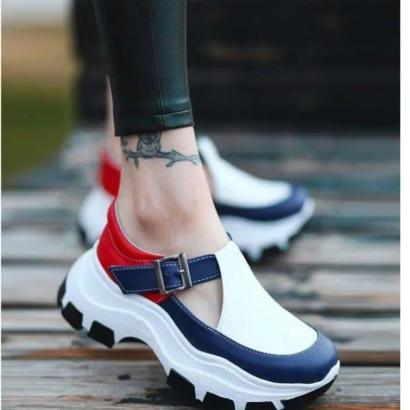 

2022 New Color Matching Buckle Retro Thick-soled Short Shoes Comfortable Rubber Flat Shoes Large Size