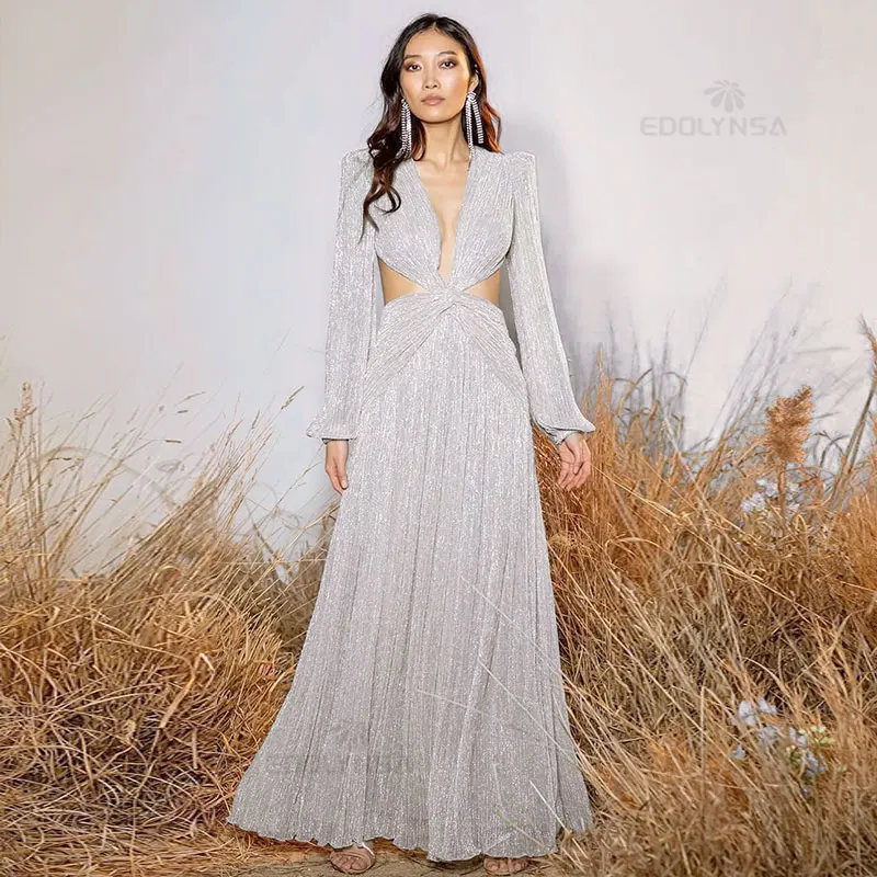 

Silver White Gradient Color Lurex Dress Autumn Women Long Lantern Sleeve Club Party Long Maxi Dresses Tunic Beach Cover Up A916