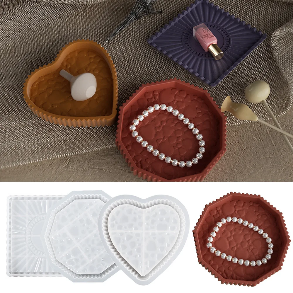 

Diy Crystal Resin Tray Mold Polygonal Square Heart Shaped Tray Cement Plaster Storage Tray Silicone Molds