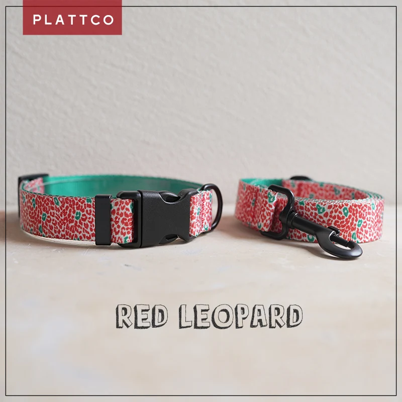 

PLATTCO custom RED LEOPARD nylon pet collars adjustable prsonalized dog collar leash set for small medium large dog PDC332