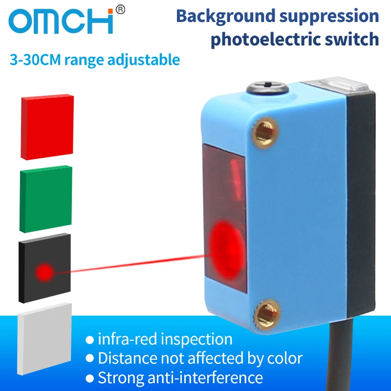 Фотоэлектрический сенсорный переключатель OMCH с подавлением заднего фона, регулируемое расстояние 3-30 см PNP NPN 4 провода