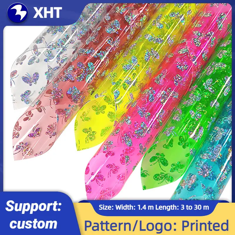 

Transparent PVC laser Butterfly Printed Colored Soft Plastic Film Fabric for Making Cover/Craft/Hair Bow/Decoration/Table Cloth