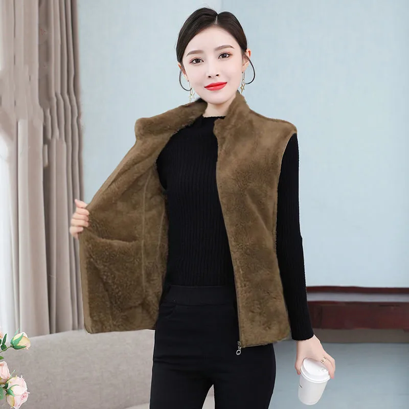 

Новинка, флисовый жилет, пальто, женская зимняя повседневная теплая верхняя одежда на молнии с квадратным воротником из коралловой шерсти, двусторонняя плюшевая безрукавка без рукавов
