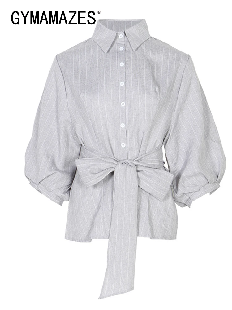 

Блузка GYMAMAZES в полоску с цветными блоками для женщин, однобортная облегающая рубашка с отложным воротником и пышными рукавами, женская одеж...