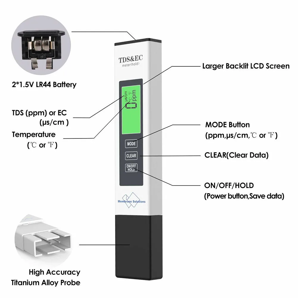 

Water Quality Test Pen Easy To Clean Home Drinking Portable 0-9990PPM 1 Pieces 4-in-1 5s Measurement Automatically