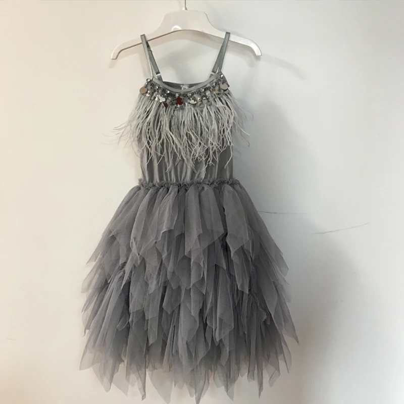 Платье с подтяжками и перьями для девочек бутиковое платье бисером блестками