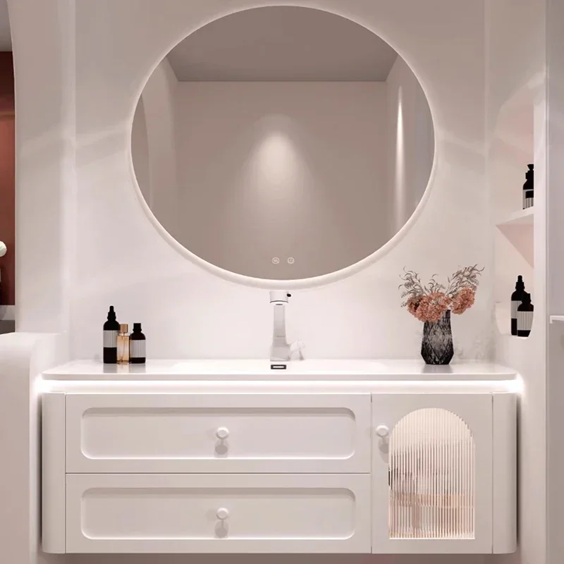 Фотообои для стен с двойной раковиной и выдвижными ящиками