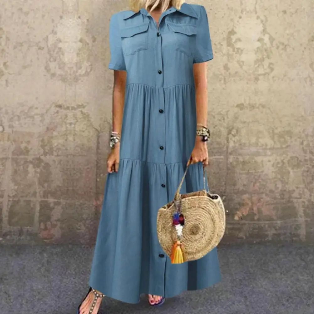 

Women Dress Lapel Short Sleeve Shirt Lady Dress Single-breasted Pockets Women Ruffle Stitching Hem Distressed Denim Dress