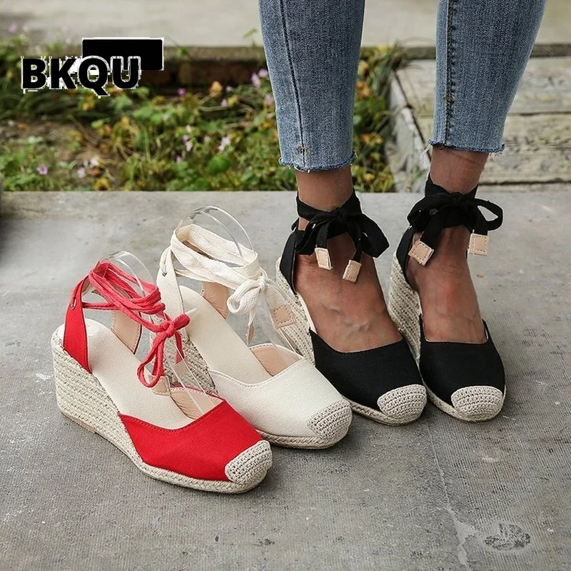 

BKQU Women's Espadrille Mules Sandals Comfortable Lace Up Ladies Woman Heel Casual Shoes on Heels Dancing Girls Wedges Pumps