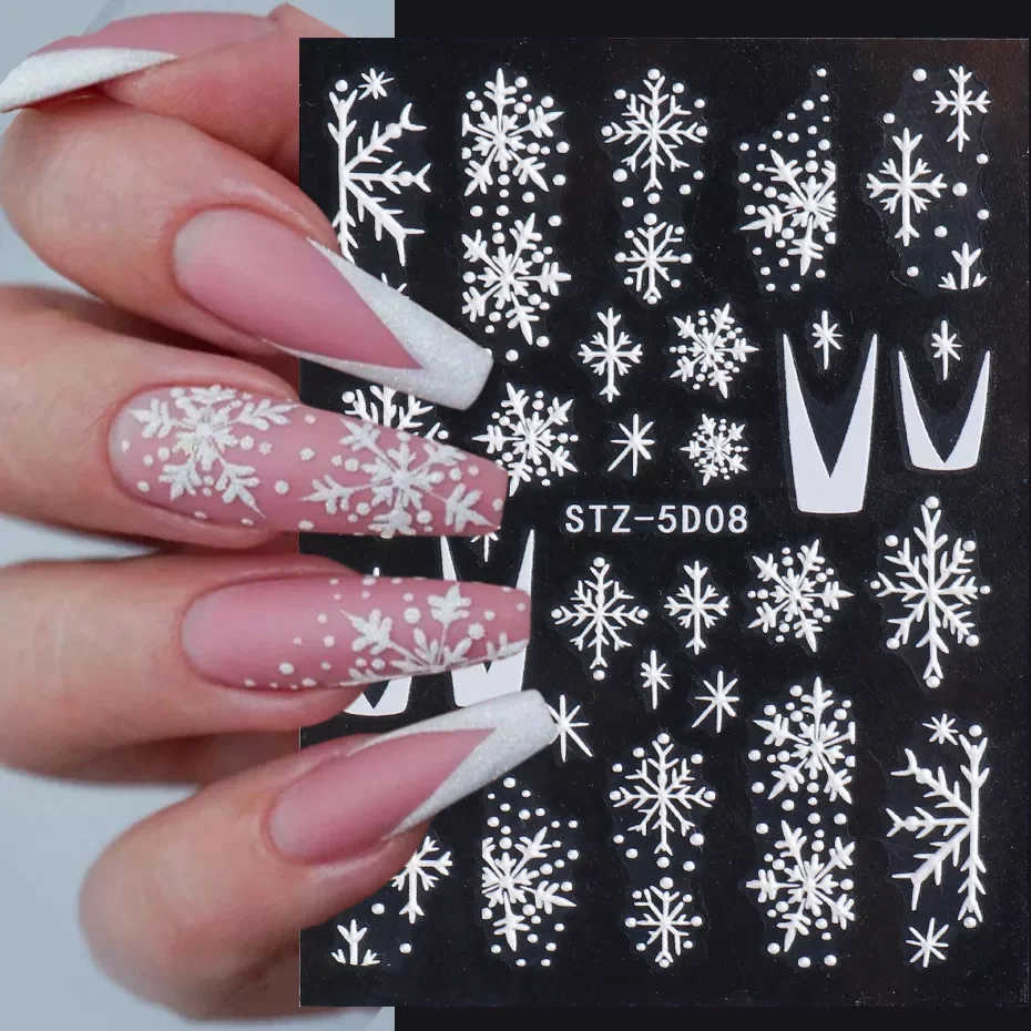 

5D Nail Snowflakes Nail Art Stickers White Glitter Decals Nail Sliders Winter Christmas Decorations Manicure Foils TRSTZ5D01-08