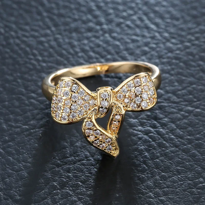 Модные кольца с бантом из циркона простые позолоченные обручальные для женщин