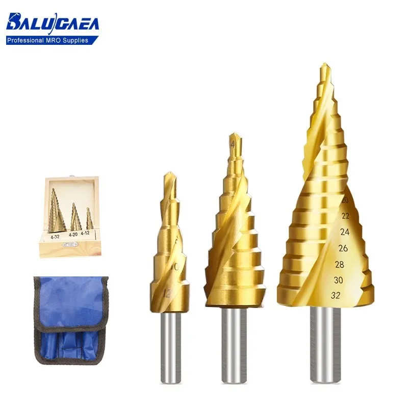 

Titanium Coated 4-12/20/32MM HSS Step Cone Drill Bit Triangular Shank Spiral Groove Drill Bit For Wood Metal Drilling