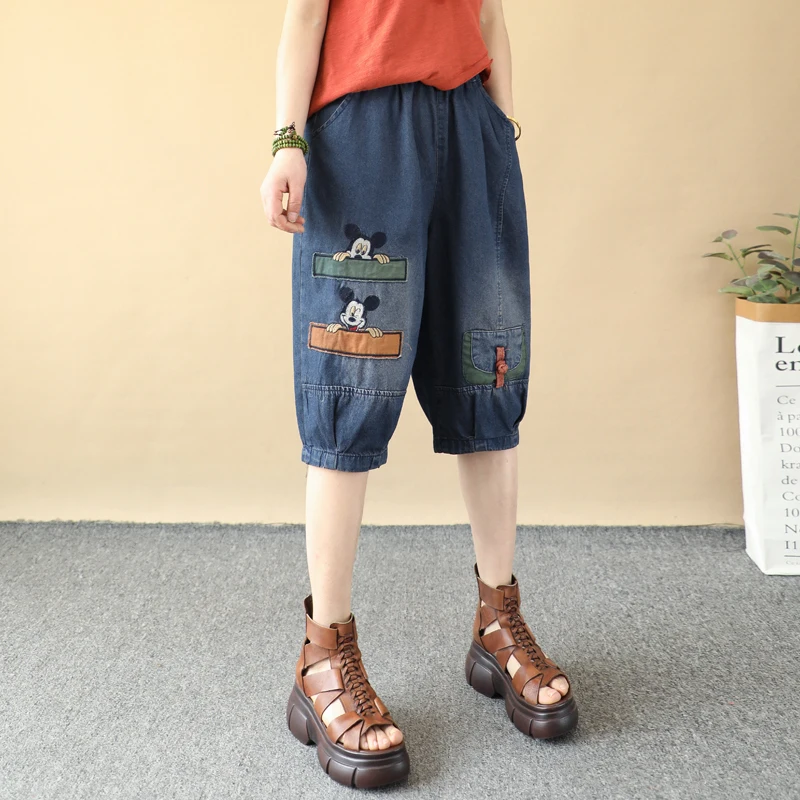 Summer Cartoon Patch Embroidered Denim Short Pants Women's Loose Oversized Frog Button Ankle-Tied Pants Lightweight Underpants