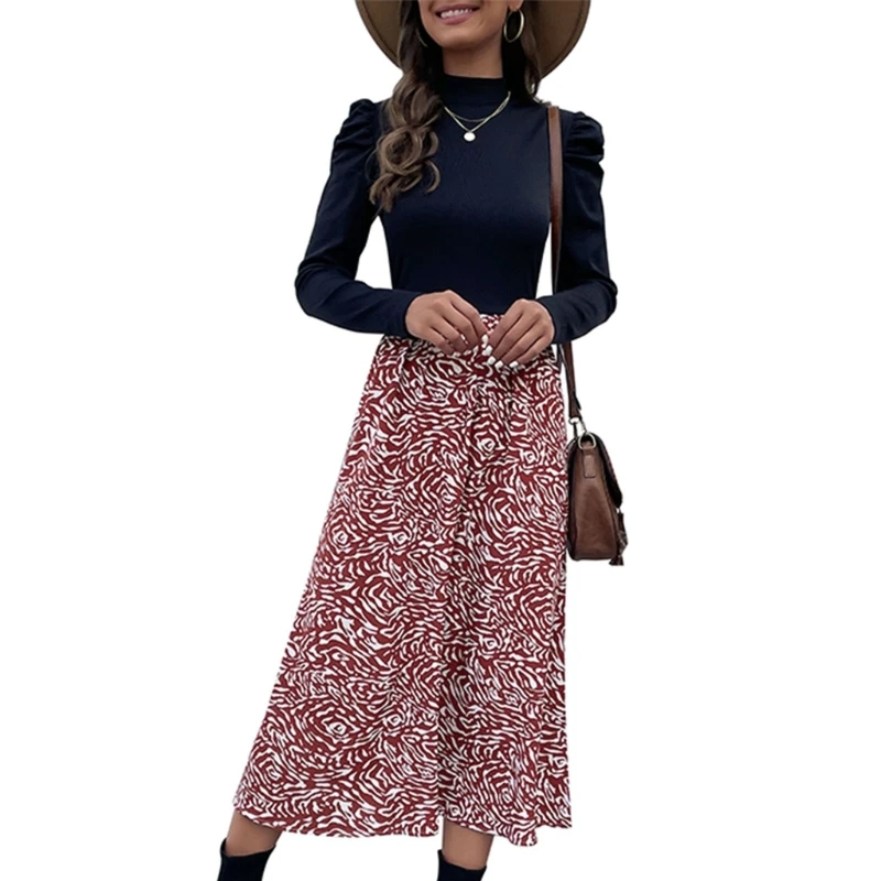 

Платье женское ТРАПЕЦИЕВИДНОЕ с длинным рукавом, повседневное рабочее в рубчик, с ложным воротником и пышными рукавами-фонариками, расклешенная юбка, осень