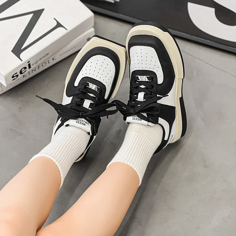 CICIYANG Sneakers Women Genuine Leather 2023 New Spring Shoes Fashion Square Head Girls School Ball Shoes Low-top Couple Shoes