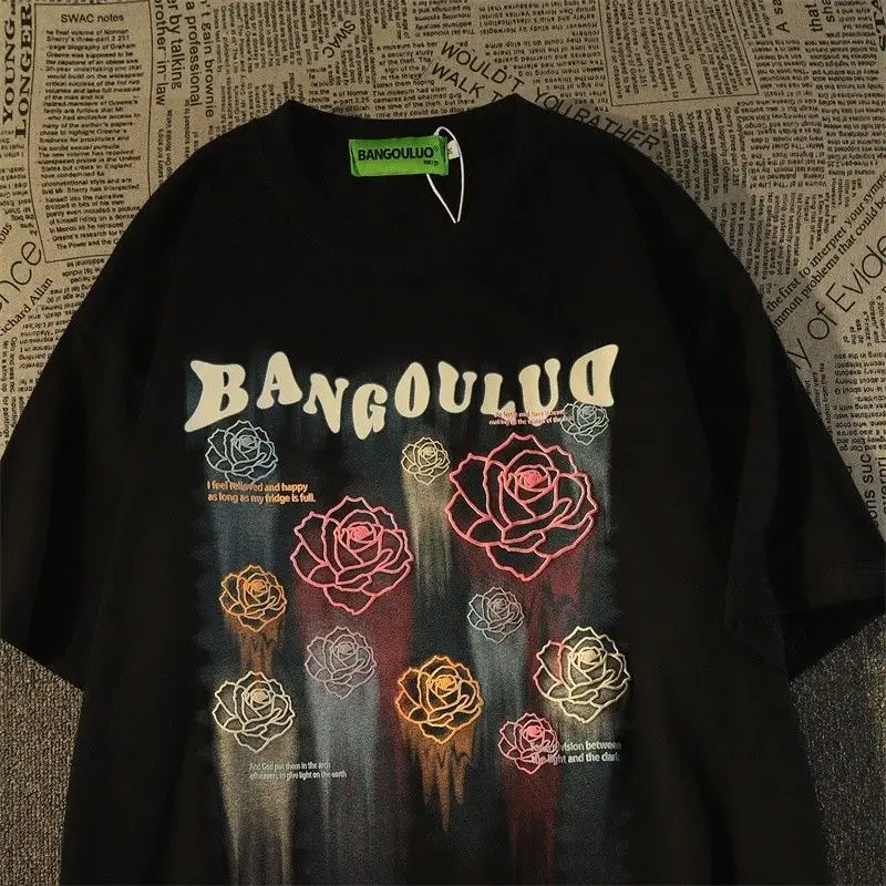 

American Retro Rose Pattern Printing Short Sleeved Men And Women Summer New Loose Design Half Sleeved Casual Couple Top T Shirt