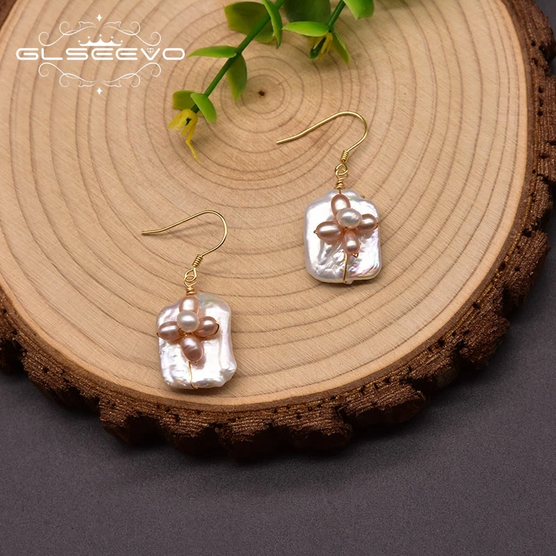 

GLSEEVO Natural Freshwater Baroque Pearl Drop Earrings For Women Ear Hook 925 Silver Hooks Handmade Luxury Jewelry GE1017