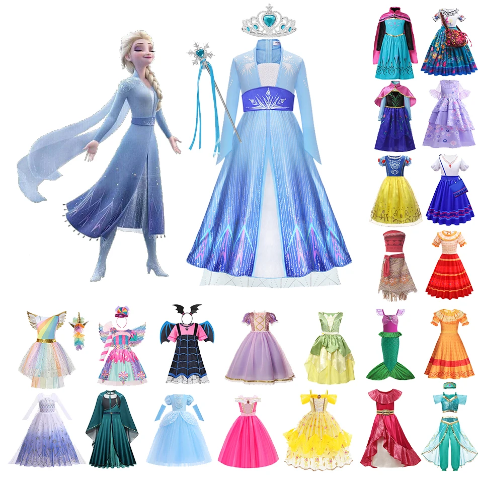 

Disney Frozen Princess Costume Girls Elsa Anna Jasmine Aurora Mesh Prom Gown Encanto Snow White Unicorn Candy Dress Kids Clothes