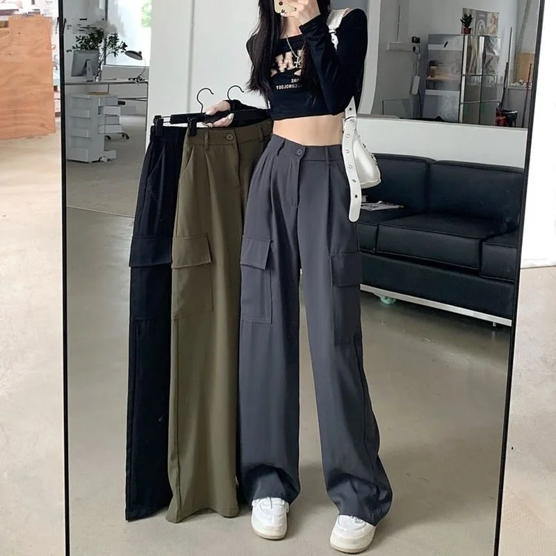 Pants Women Retro Couple Loose Streetwear Autumn Unisex Solid Female Full Length High Waist All-match Basic Casual Cargo Trouser