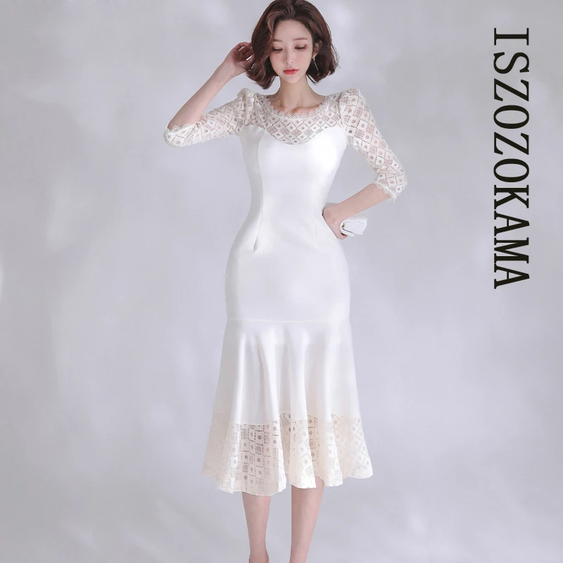 

Кружевное платье ISZOZOKAMA, цельнокроеное корейское женское летнее платье с рукавом средней длины, сексуальное Бордовое платье для офиса и веч...