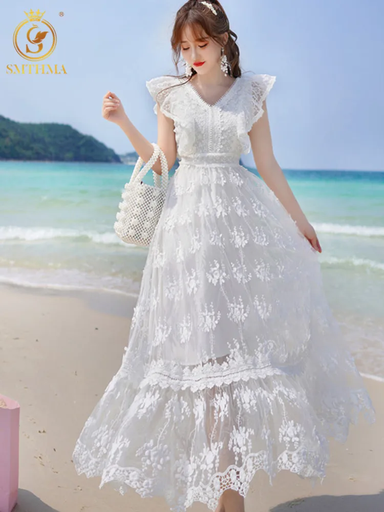 

SMTHMA 2022 New Fashion Vintage Elegant Ruffle Women Summer Dress Ladies Embroidery Lace Hollow Out Midi Long Dresses Vestidos