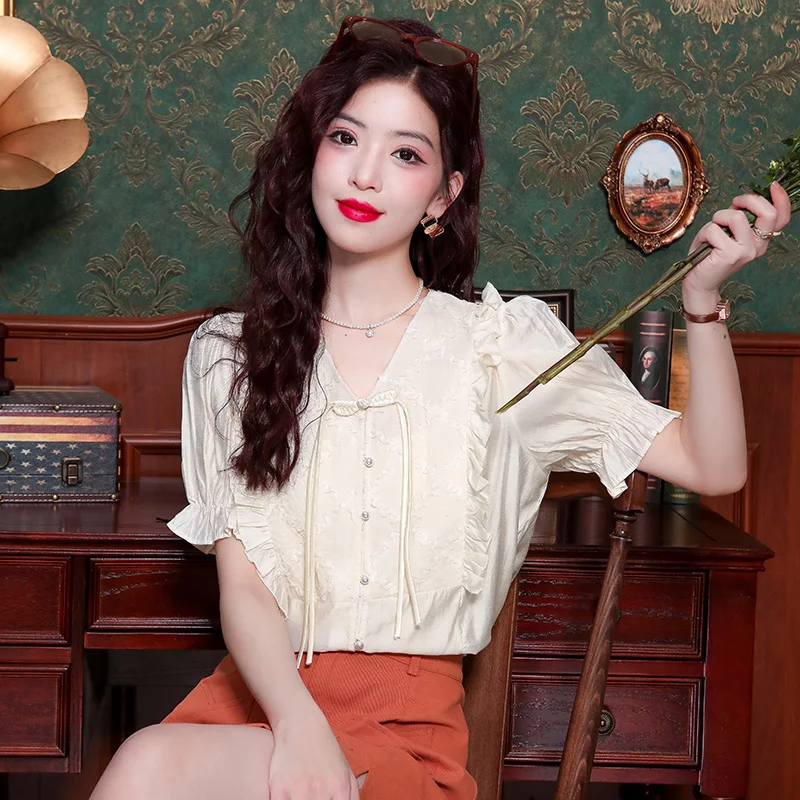 Летняя модная Новая женская блузка с коротким рукавом и V-образным вырезом