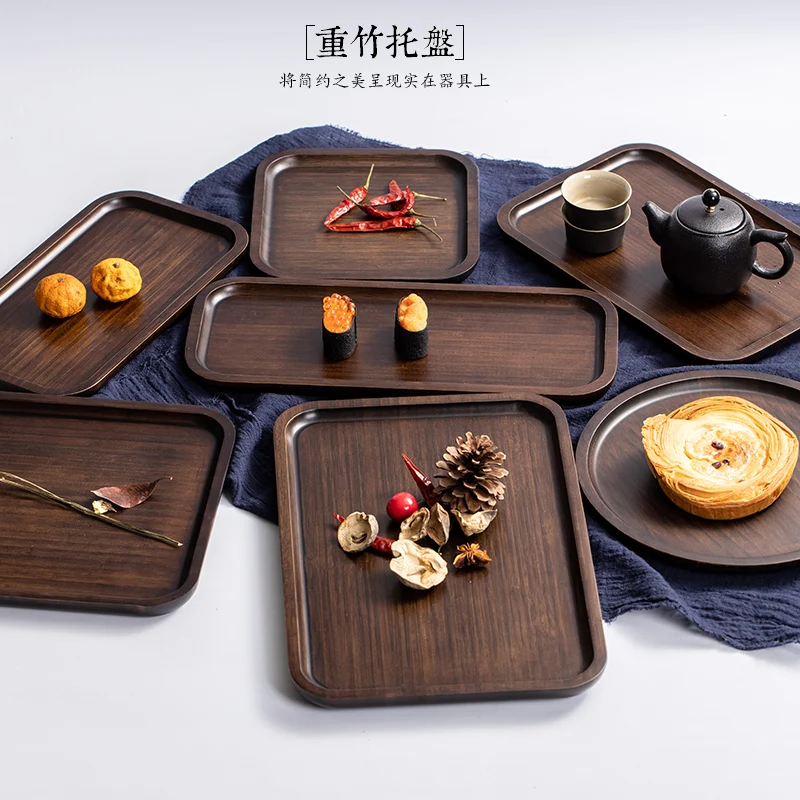Japanese-style bamboo wooden tray for household teacups tableware advanced sense plates rectangular round tea set |