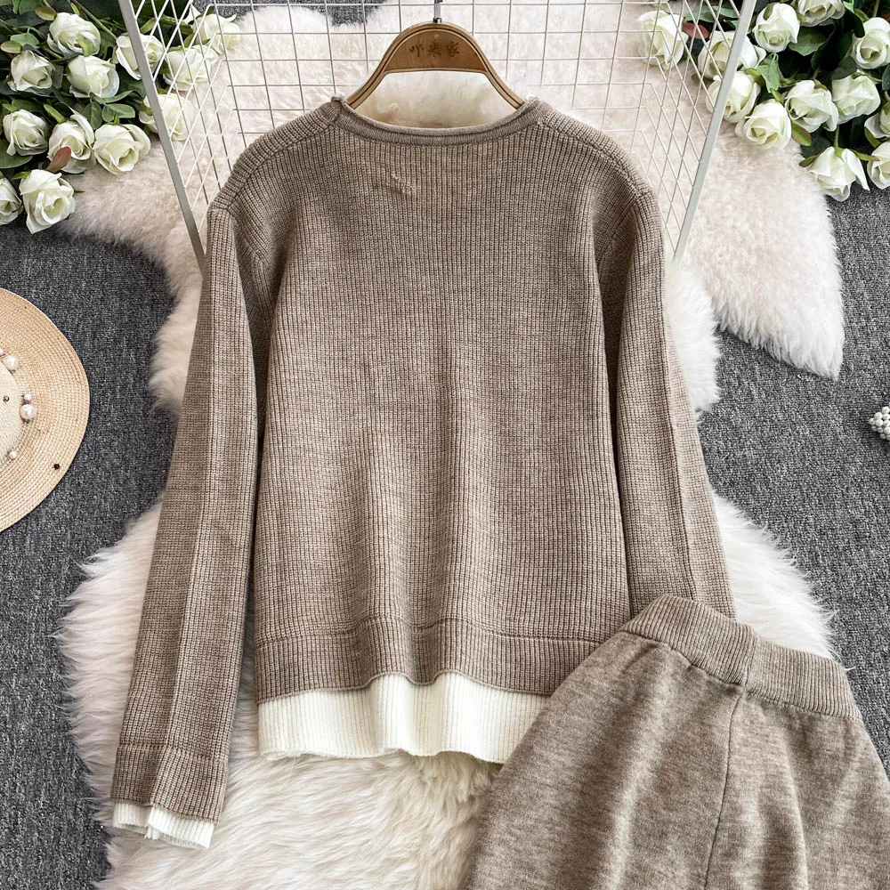 Женские корейские лоскутные вязаные костюмы тонкий чехол для живота