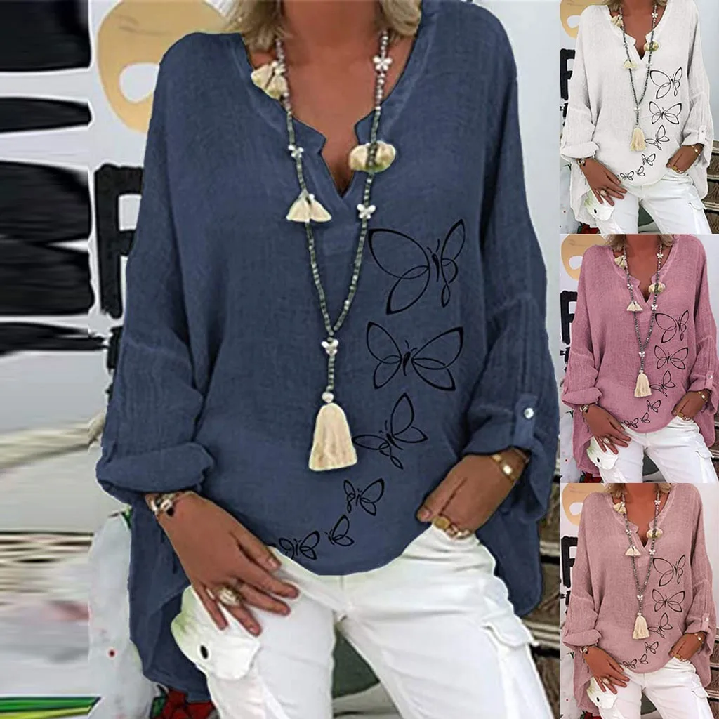 

Casual Long Women Top Loose Shirt Size Blouse V-neck Sleeve Floral Print Women's Blouse