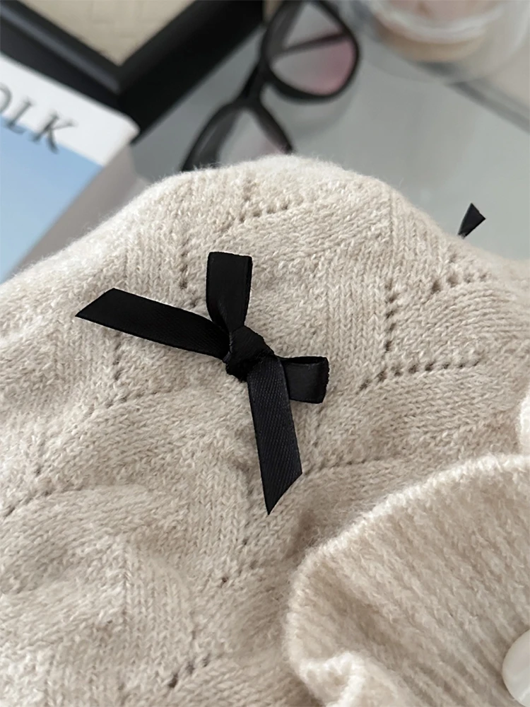 Женский трикотажный кардиган с бантом длинным рукавом и V-образным вырезом