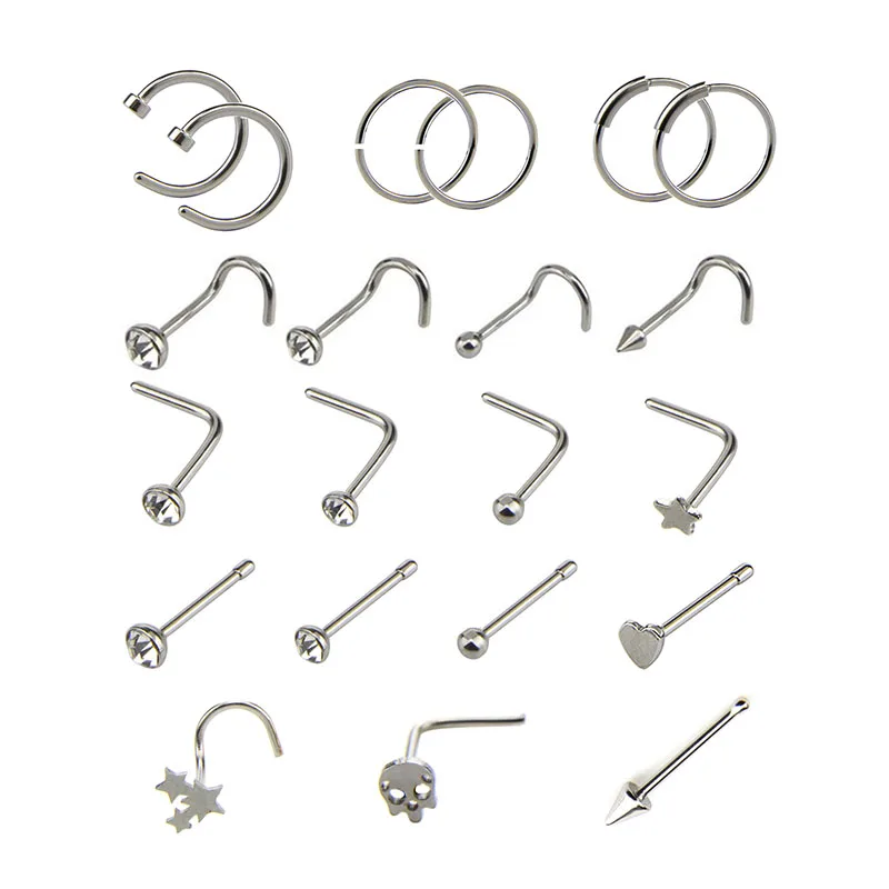 

12PCS/14PCS/20PCS/21PCS Rhinestone Nose Studs Ring Hoop Bone Bar Pin Stainless Steel Nose Ring Piercing Body Jewelry Hot Sale