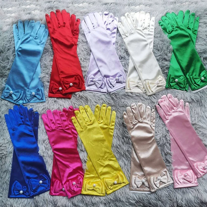 

Full Finger Mittens Princess Dance Stage Long Gloves Satin Double Laryer Bow Pearl Kids Girls Wedding Dress Costume Accessories