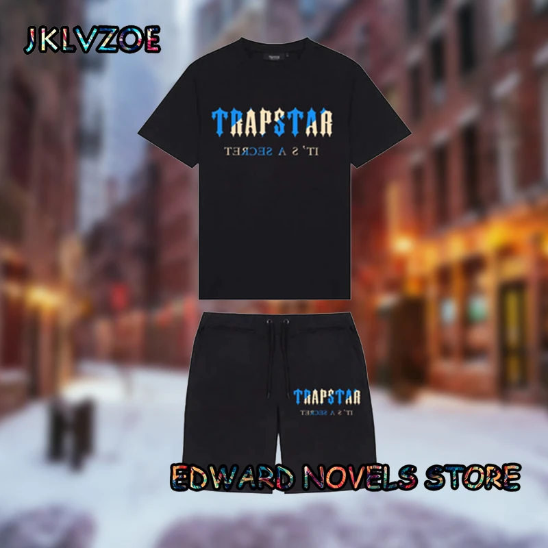 2023 Trapstar Summer Men's Set Casual Wear Men's T-shirt + Shorts Sports Suit Black Personality Fashion Trend Creative 3D Clothe