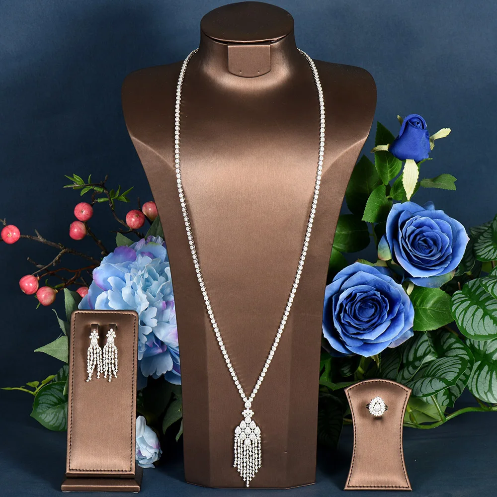 HIBRIDE Luxury 3PCS Long Sweater Chain Necklace Earring Sets For Women Bridal Wedding Cubic Zirconia Dubai Party Jewelry N-643