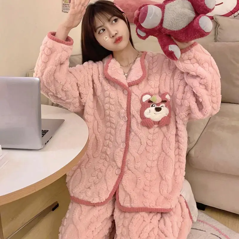 

Kawaii Cartoon Animation Lotso Winter New Jacquard Plush Pajama Set Cardigan Cute Sweet Flannel Home Clothes Set