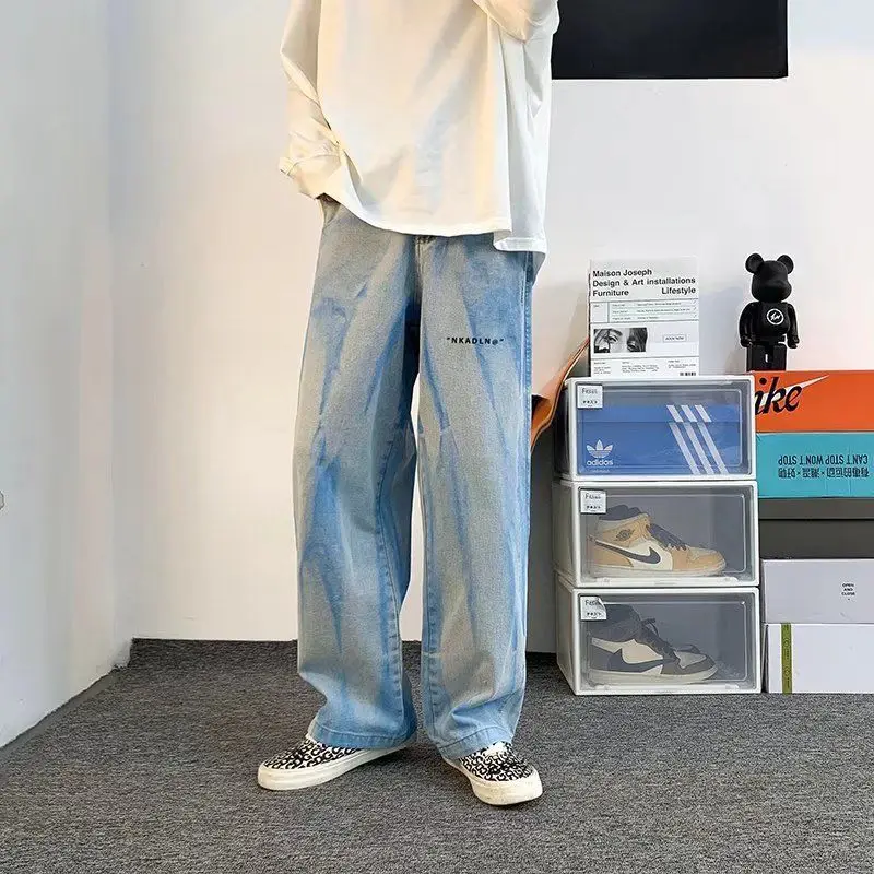 DEEPTOWN Y2K Straight Jeans Men Loose Fashion Denim Pants Casual Blue Harajuku Trousers Male Wide Leg Streetwear Hip Hop Spring