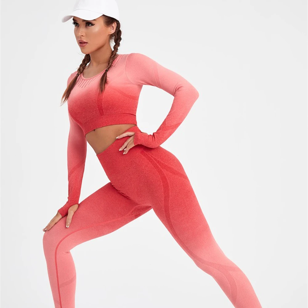 2 Pcs long sleeve Women Sport Suit Fitness Gradient Yoga Set Push Up Workout Gym Leggings Running Clothing Tracksuit Sportswear