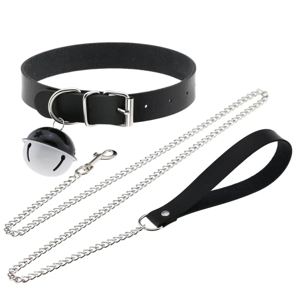 

Black Bundled Leather Necklace Women Girl Stainless Steel Traction Chain Sexy Bells Choker Steampunk Dark Loli Gothic Jewelry