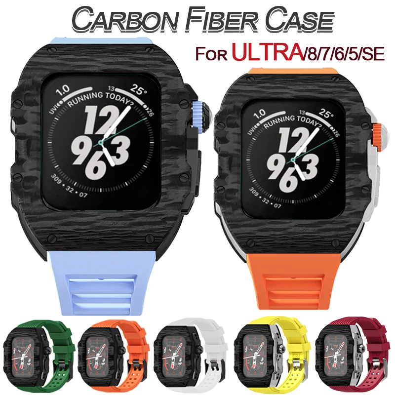 Modification Kit Carbon Fiber Case for Apple Watch Ultra 8 7 6 SE 5 4 Metal Mod Kit for IWatch 49MM 45MM 44MM Fluororubber Strap
