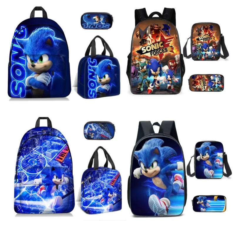 3PC-SET New Backpack Sonic Print Backpack Elementary School Students Pencil Bag Portable Lunch Bag Computer Bag Cartoon Mochila