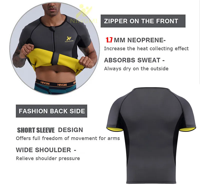 NINGMI Sport Shirt Body Shaper Slimming Waist Trainer Men Tank Top Neoprene Sauna Vest with Zipper Mesh Shapewear Warming Jacket