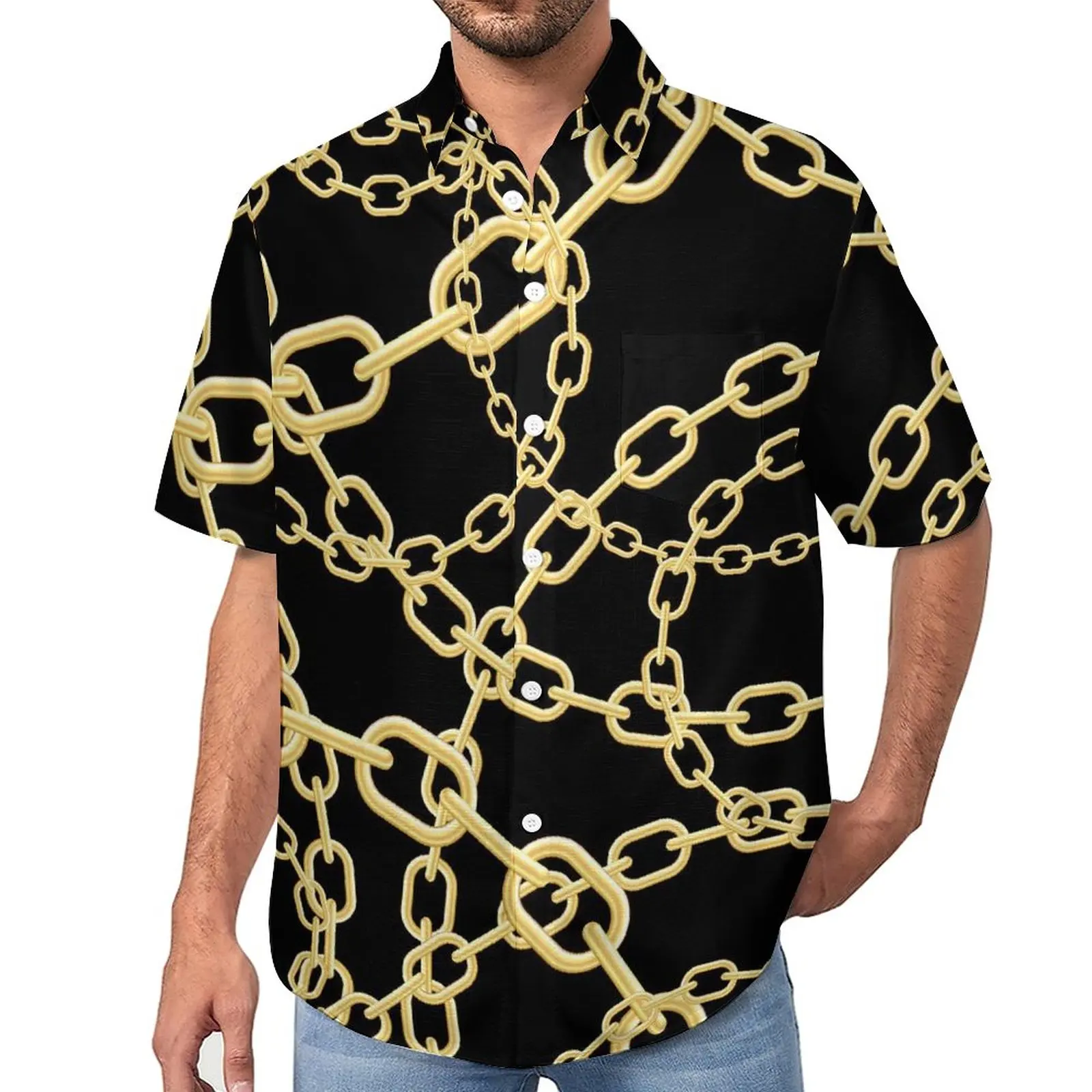 

Gold Chain Casual Shirts Links Print Vacation Shirt Hawaii Trendy Blouses Man Graphic Plus Size 3XL 4XL