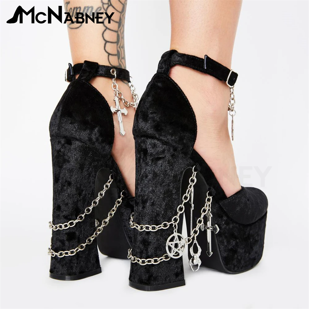 Velvet Platform Pumps Metal Cross Accessories High Heels Ankle Buckle Round Toe Chunky Punk Style Shoes for Ladies Custom Colors
