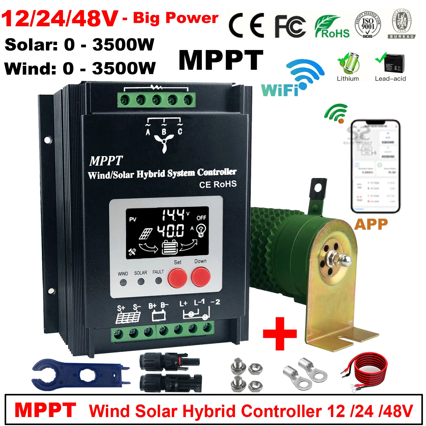 

3000W 5000w MPPT Wind Solar Hybrid Charge Controller 12v 24v 48V LCD Display Wifi Monitor For Lifepo4 Lithium Lead Acid Battery