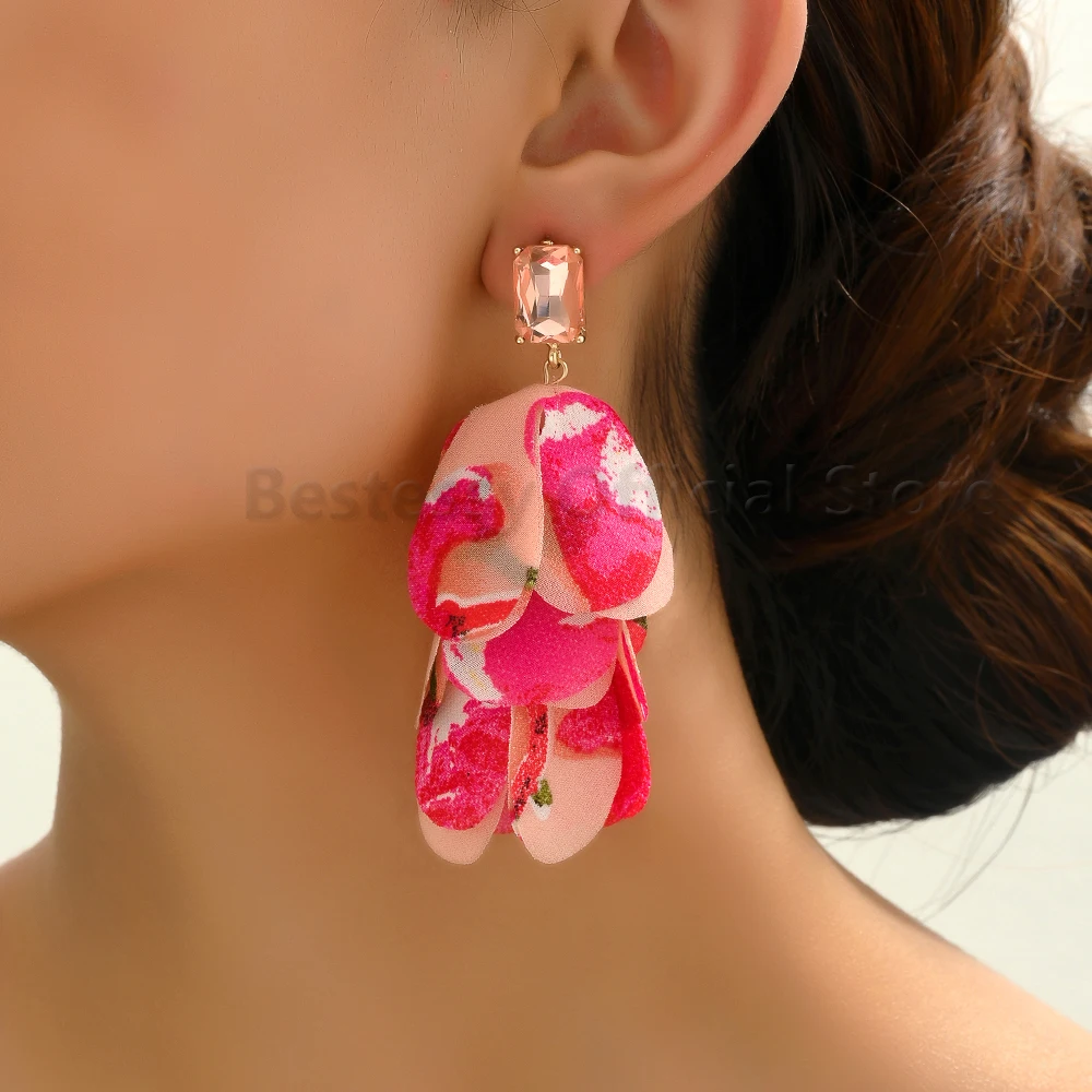 

Shiny Glass Painted Petal Big Dangle Earrings For Women Luxury Trendy Designer Vintage Jewelry Pendant Party Wedding Accessories